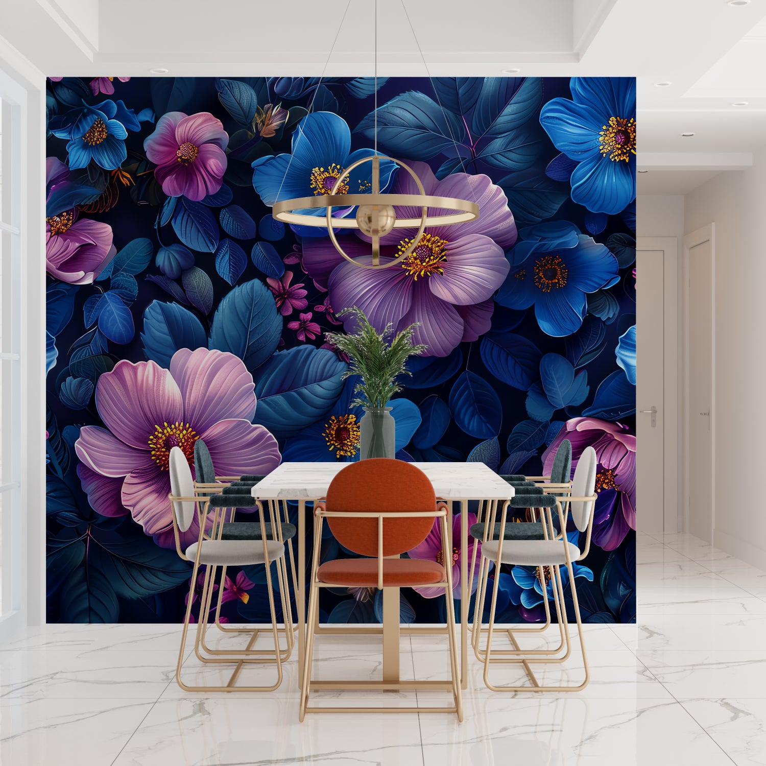Luxury hotel lobby showcasing large-scale blue and purple floral wall mural