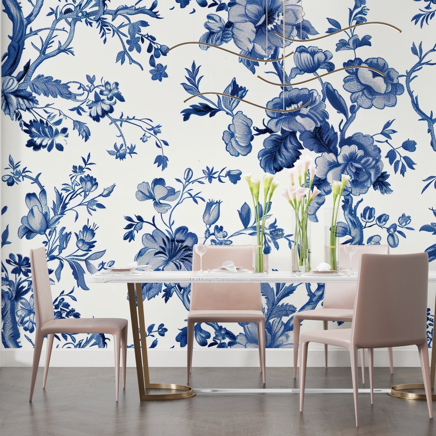 Master bedroom with blue chinoiserie pattern wallpaper creating peaceful atmosphere
