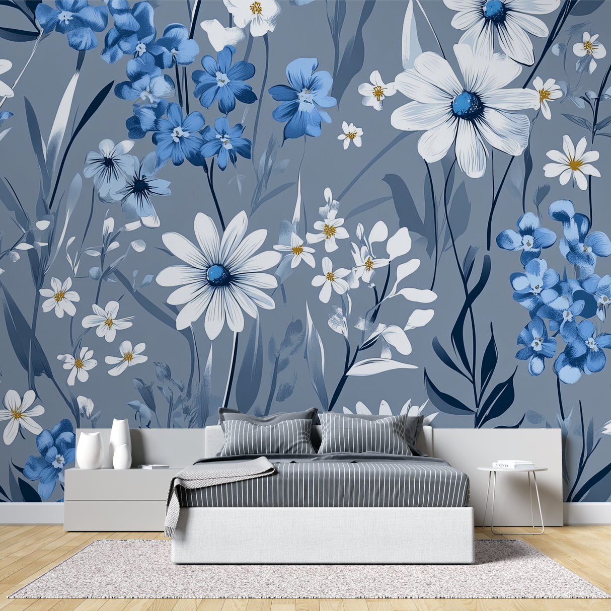 Blue and white Floral Wallpaper creating a peaceful atmosphere in a modern living room
