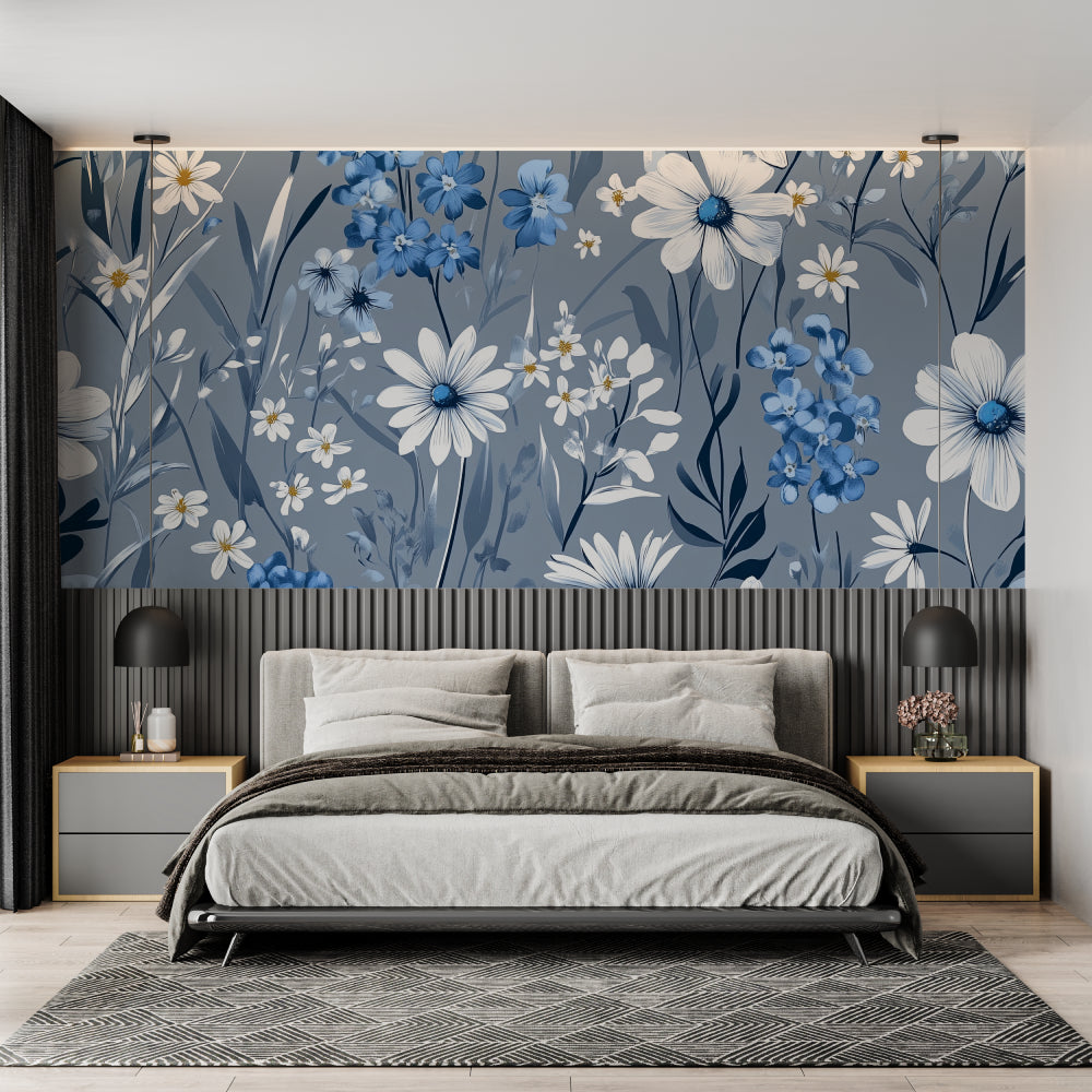 Blue Floral Wallpaper adding charm to a home office space