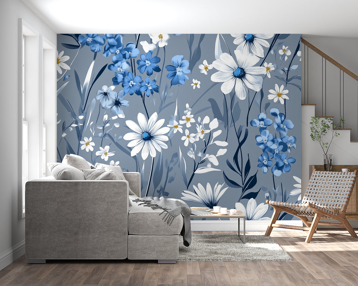 Botanical Wall Mural transforming a dining room with its fresh daisy pattern