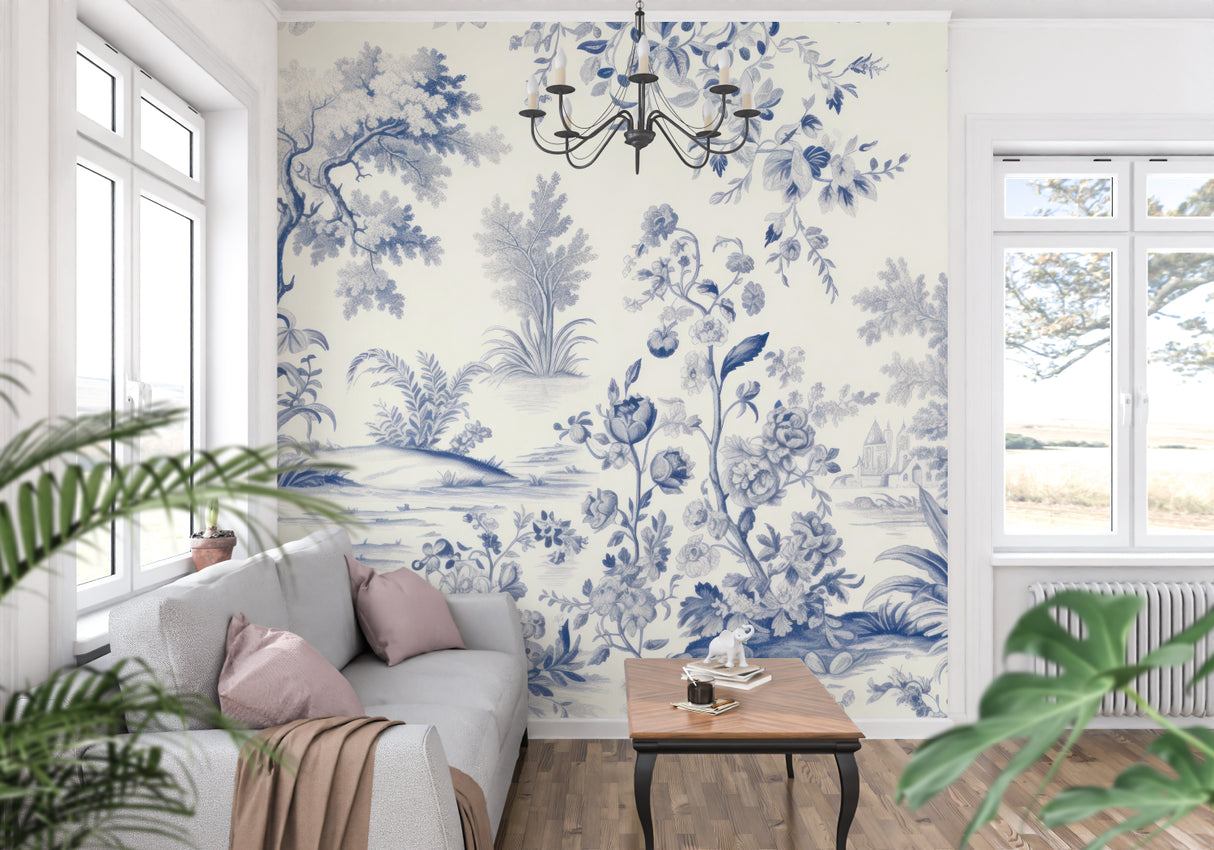 Blue toile wallpaper in bright living room showing pastoral scenes and floral details