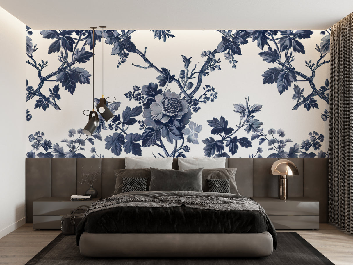 French floral pattern mural in a cozy reading nook with leather armchair