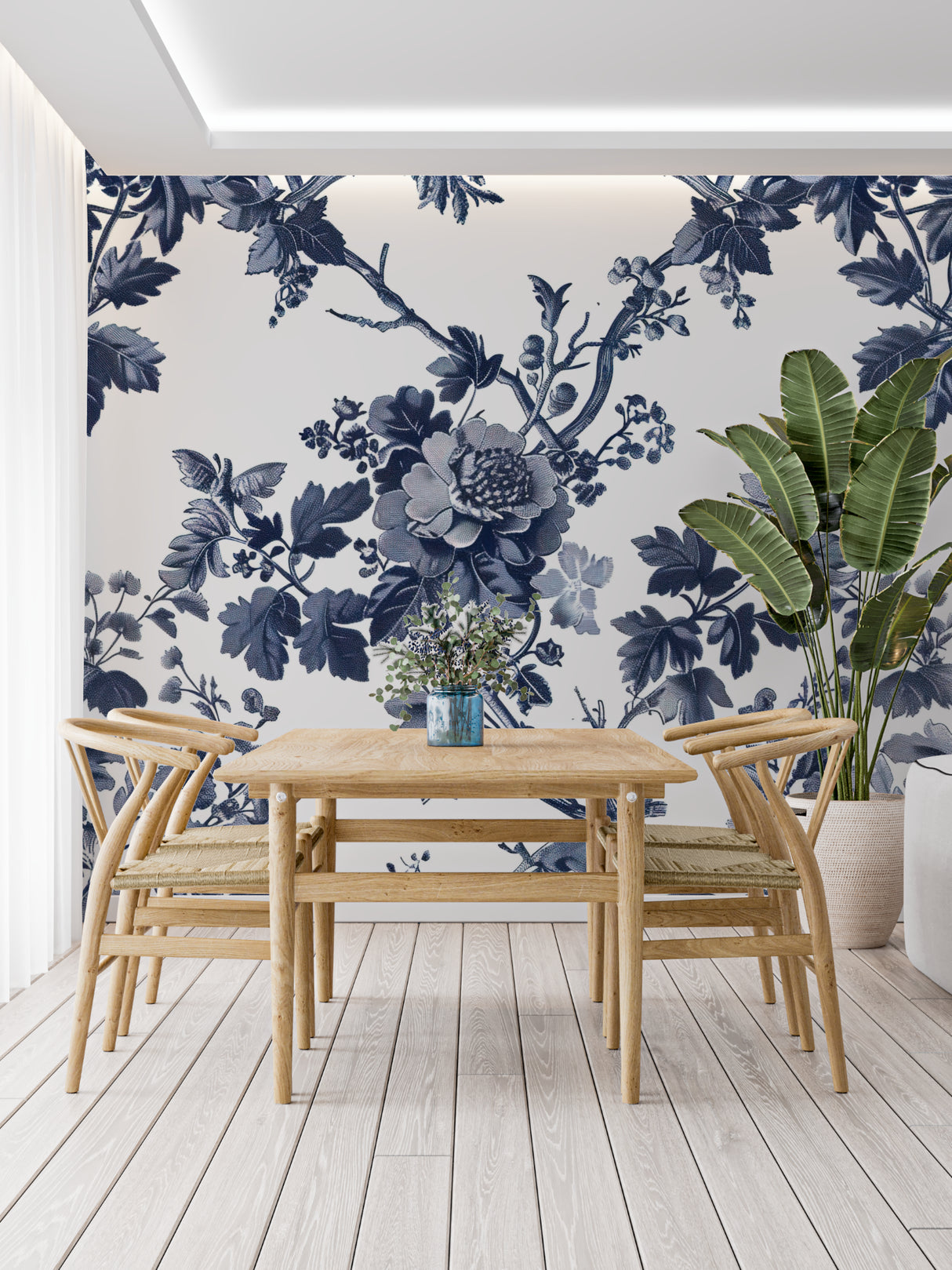 Blue and white toile wallpaper creating depth in a modern bedroom setting
