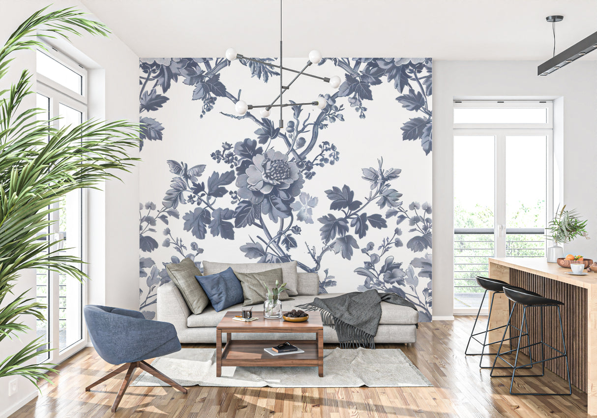 Botanical wall mural showcased in a bright hallway with natural lighting