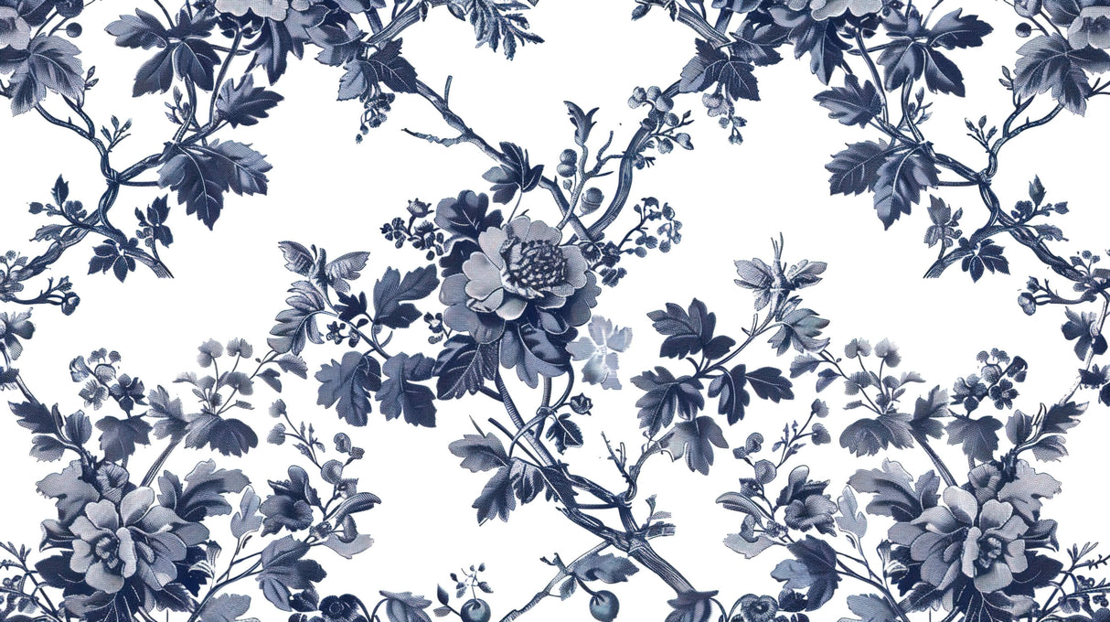 Blue Toile de Jouy pattern design file showing intricate floral details and botanical elements