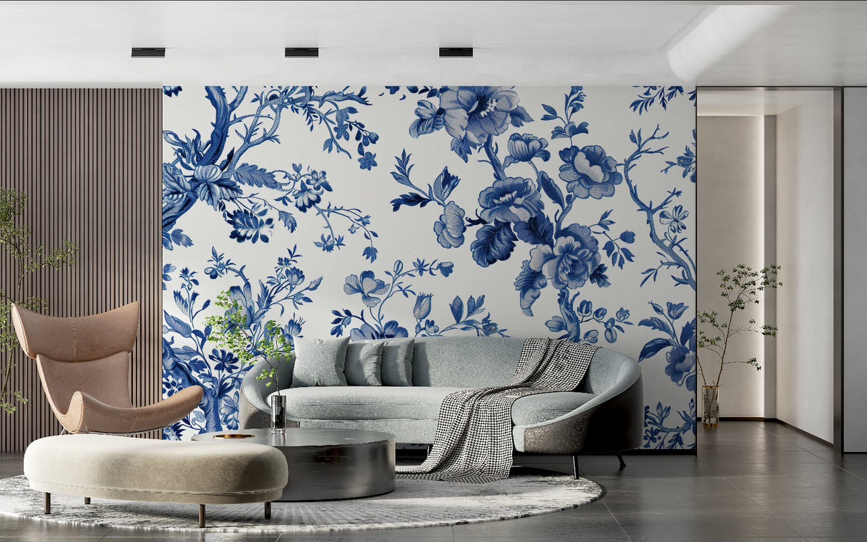 Botanical wall mural showcased in a stylish dining room with white trim