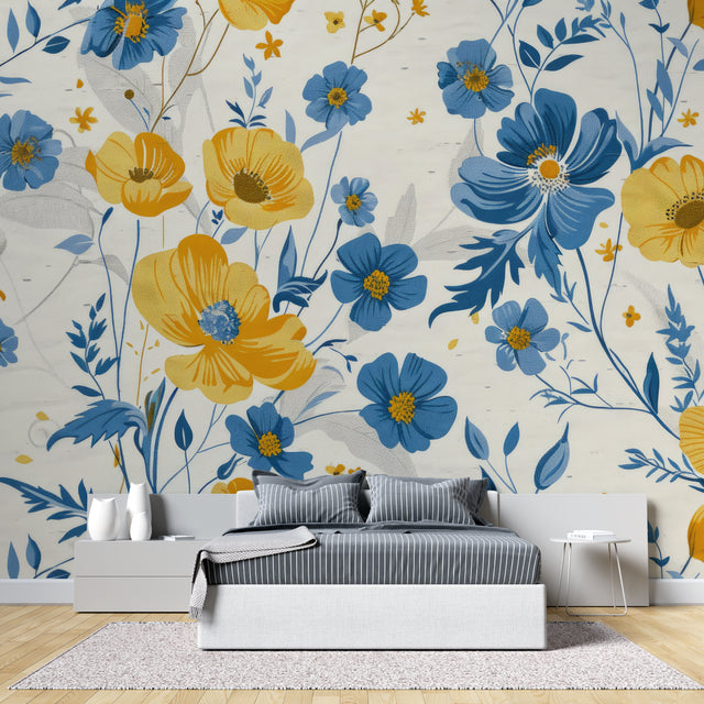 Blue and yellow Floral Wallpaper Mural creating a bright accent wall in modern living room