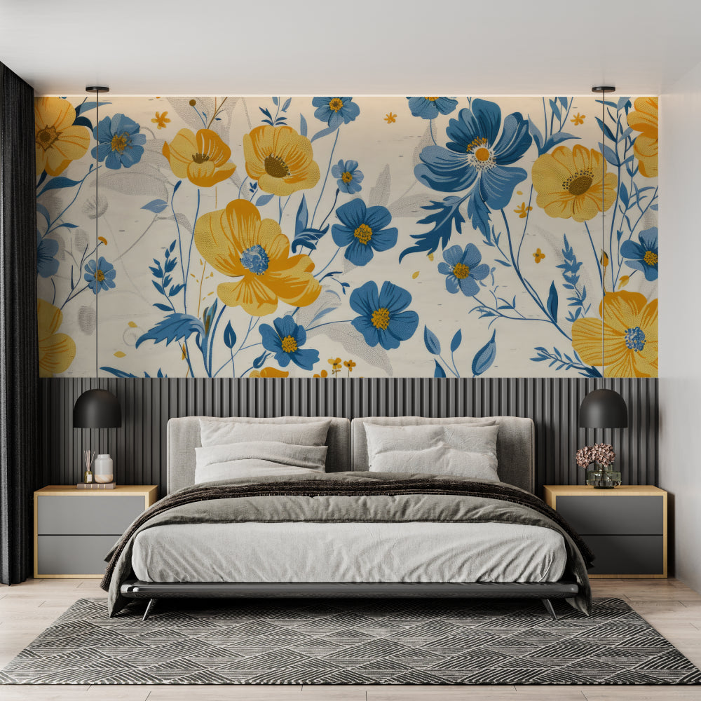 Botanical Wall Mural with yellow poppies in cozy bedroom setting