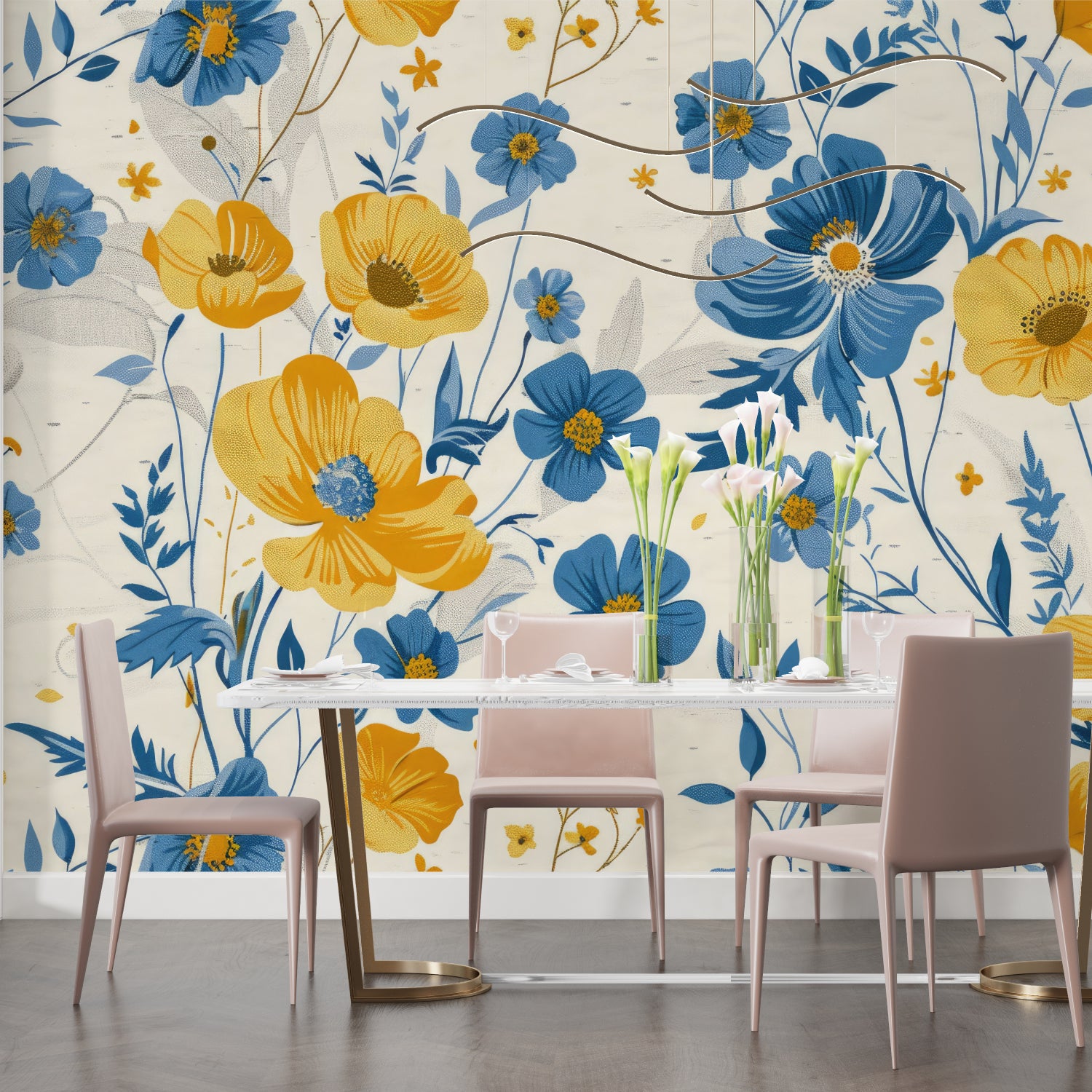 Blue and yellow Botanical Pattern Wallpaper in dining room