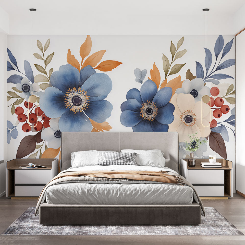 Blue Anemone floral wallpaper creating a stunning accent wall in a bright modern living room with white furniture