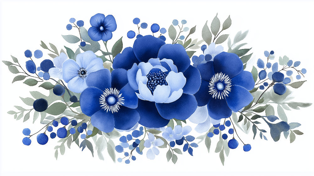 Blue Anemone and Berries wallpaper design file showing full pattern with navy blooms and crimson accents