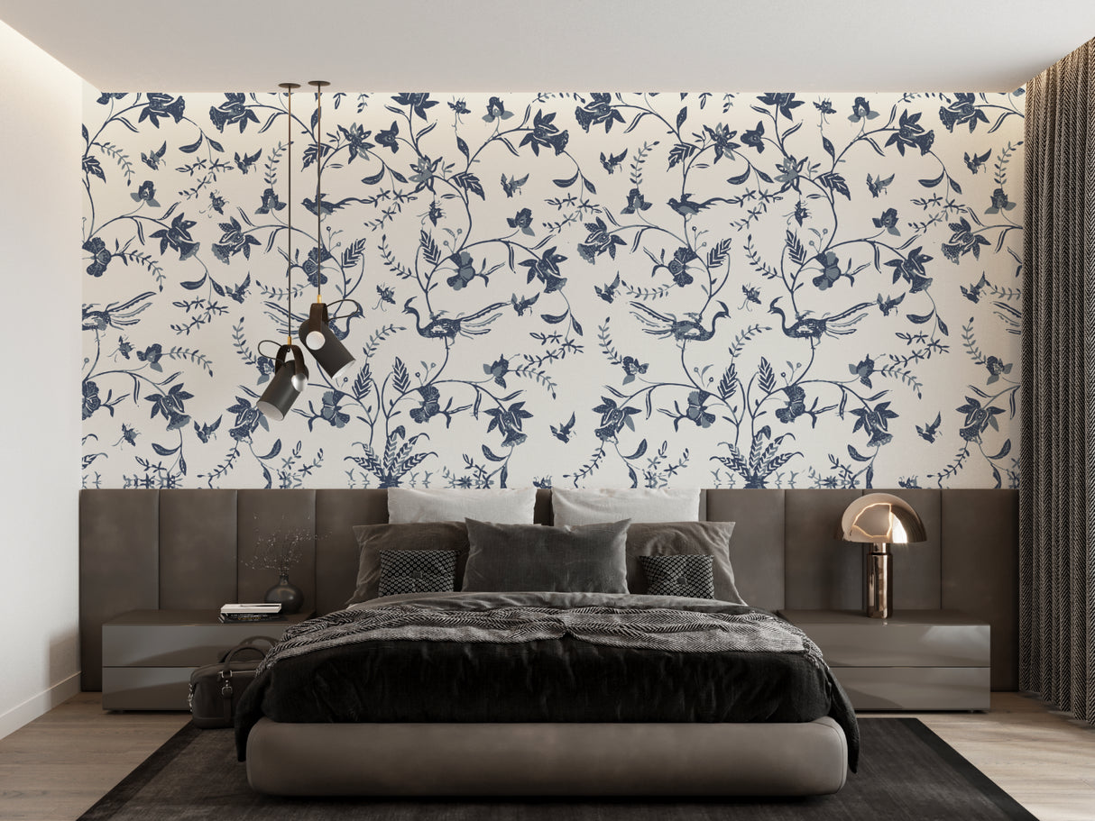 Vintage bird wallpaper creating cozy atmosphere in master bedroom