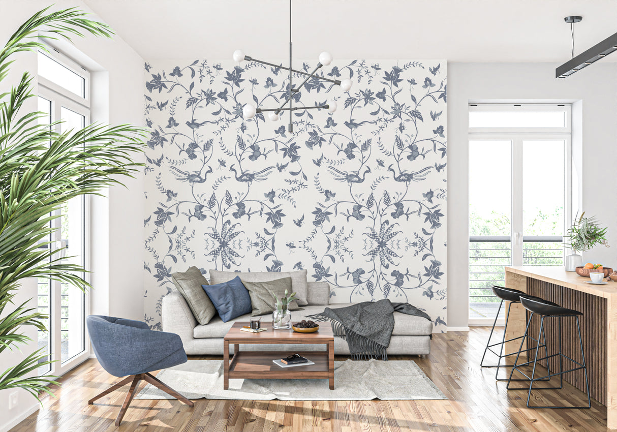 Blue and beige floral wall mural bringing charm to dining room setting