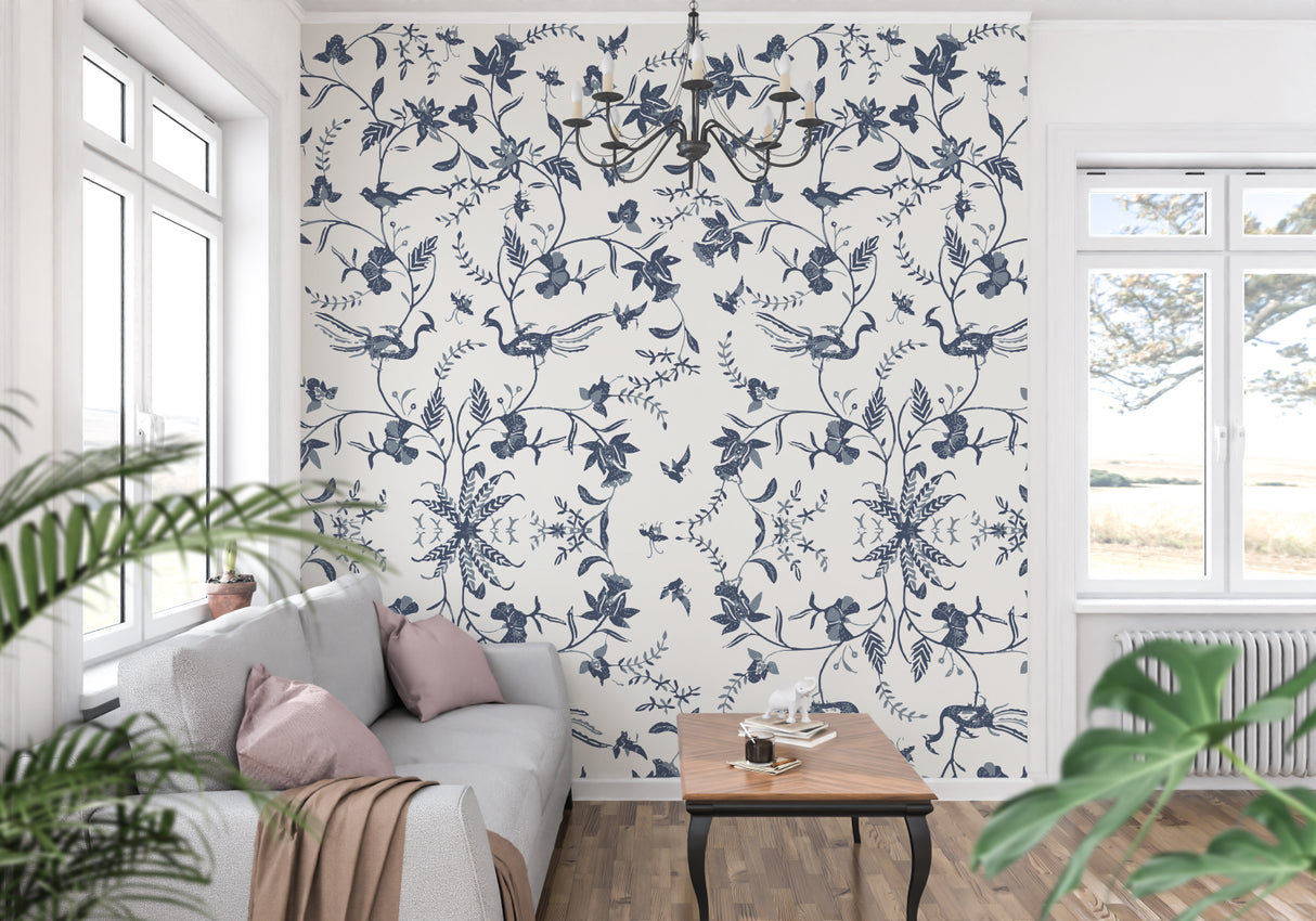 Bird pattern wallpaper showcased in home office with natural lighting