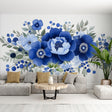 Blue floral wallpaper with sage leaves creating a peaceful atmosphere in a bright modern bedroom