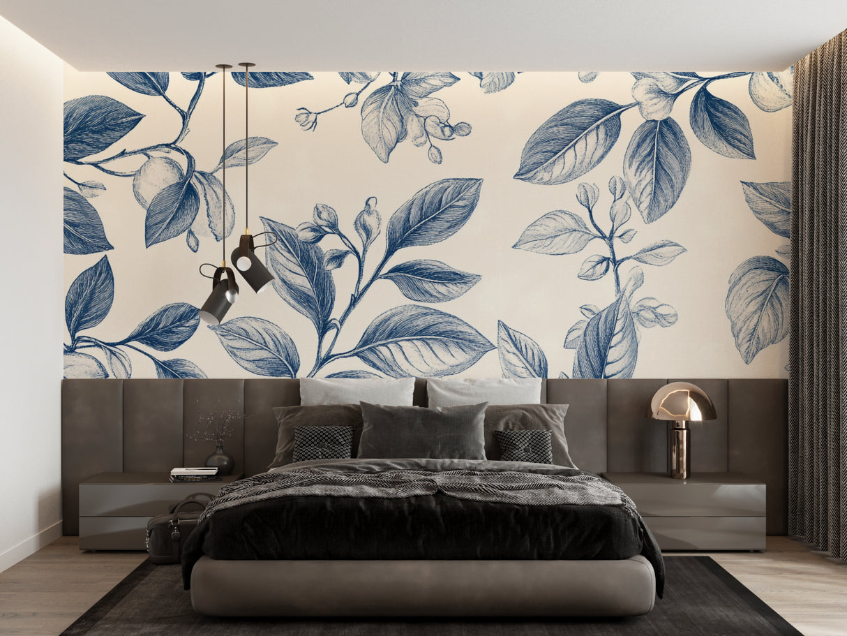 Blue botanical Toile de Jouy wallpaper in modern living room with natural light and minimal furniture