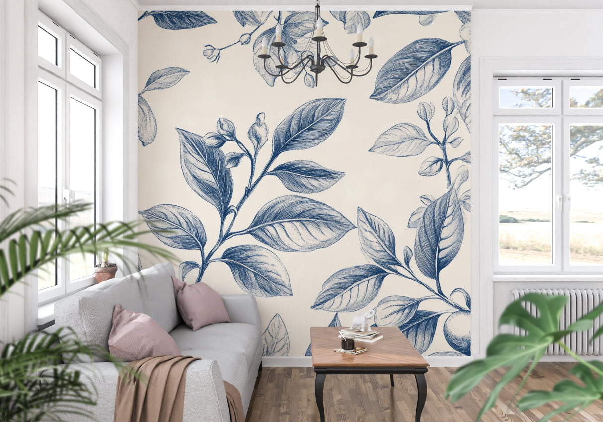 Master bedroom with blue botanical wall mural creating serene atmosphere