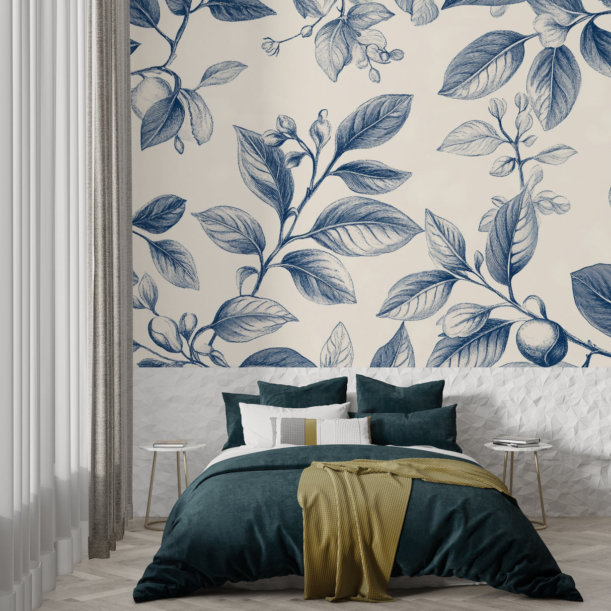 Home office space with blue Toile de Jouy pattern wallpaper and wooden desk