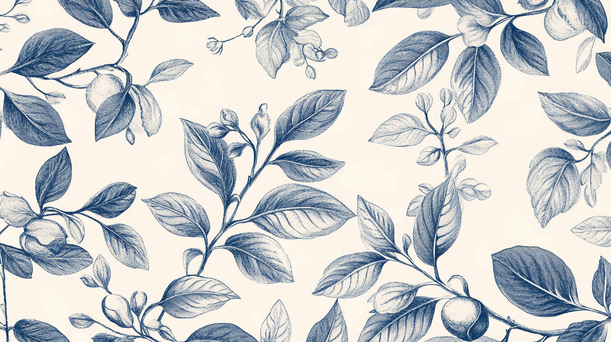 Design file of blue botanical Toile de Jouy pattern showing intricate floral details
