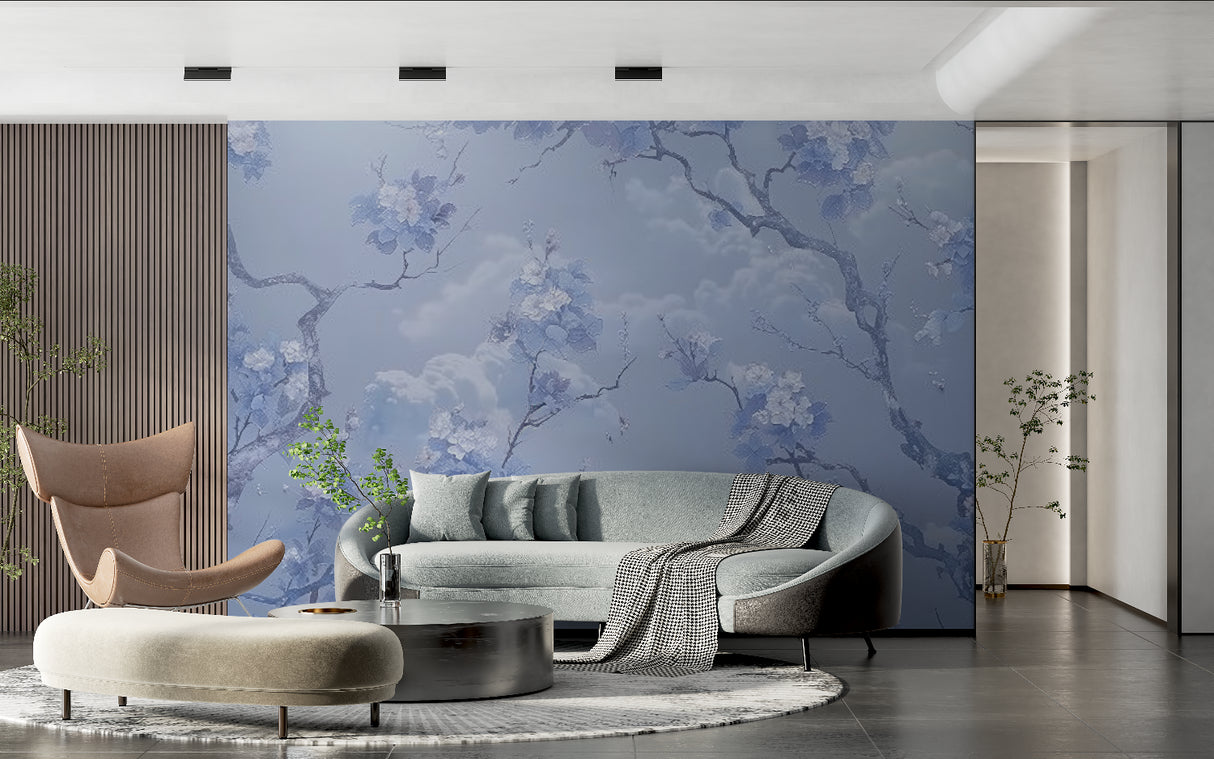 Japanese floral wallpaper transforming a master bedroom with blue and gold tones