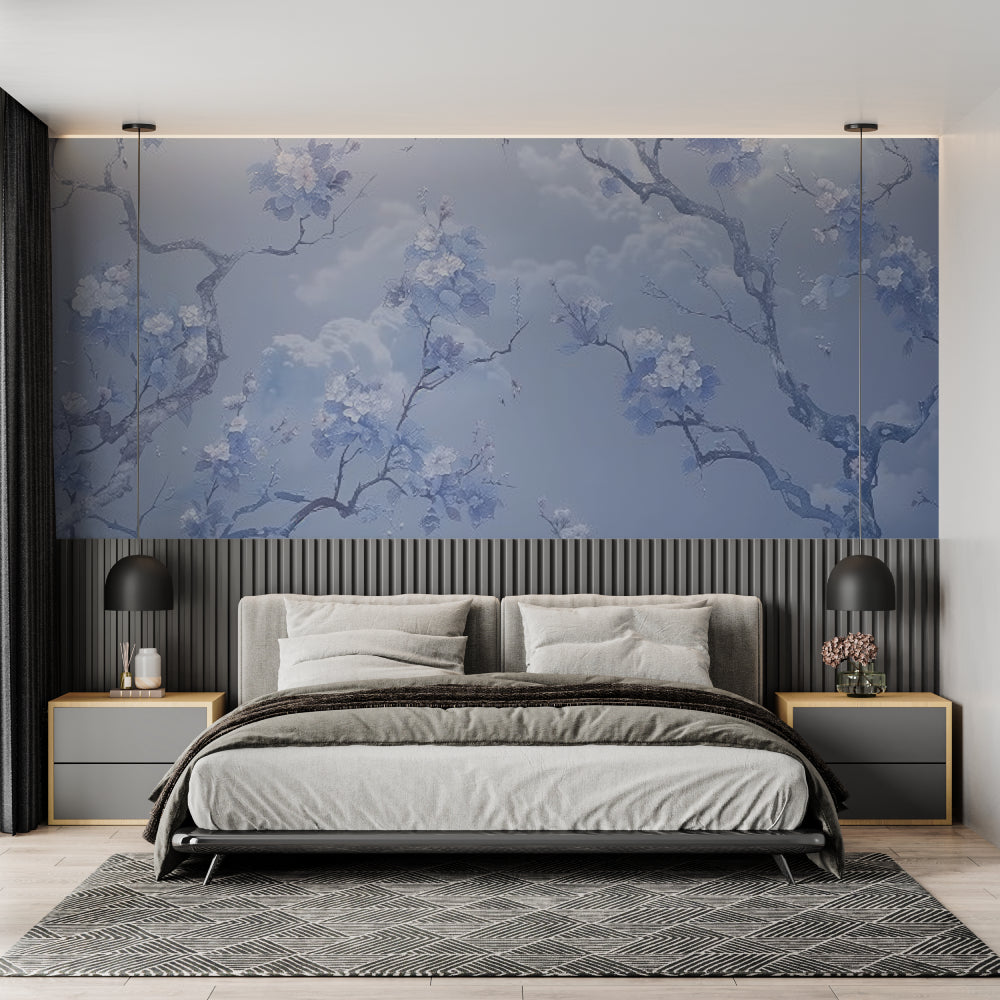 Blue botanical mural making a dining room feel elegant and serene