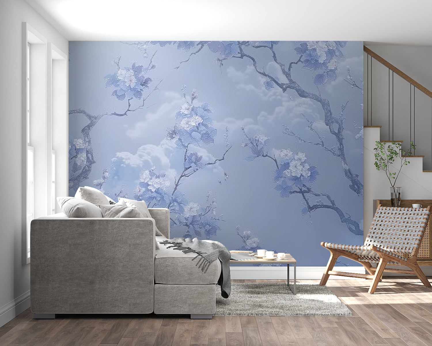 Cherry blossom wallpaper with gold accents brightening a home office space