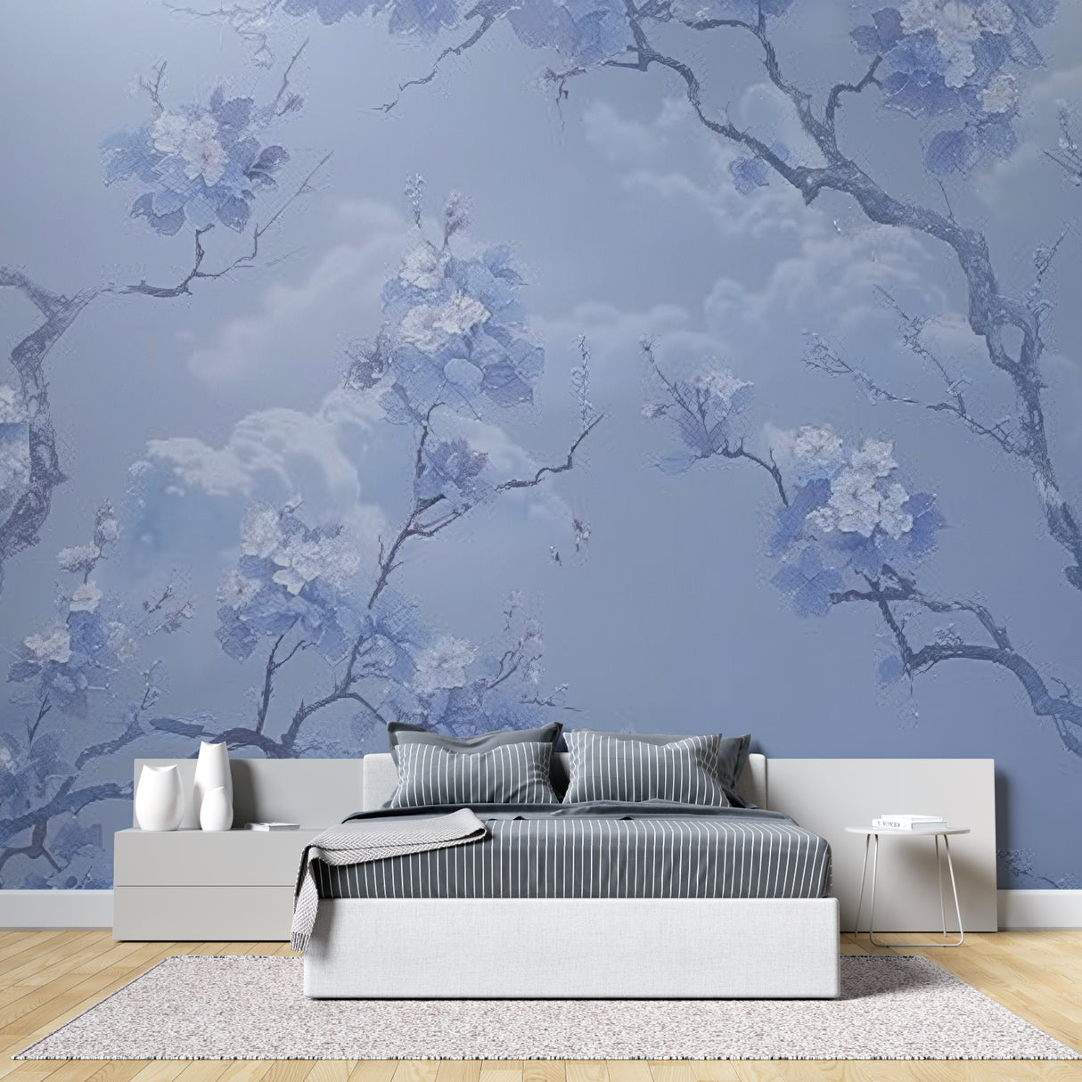 Japanese cherry blossom mural creating depth in an entrance hallway