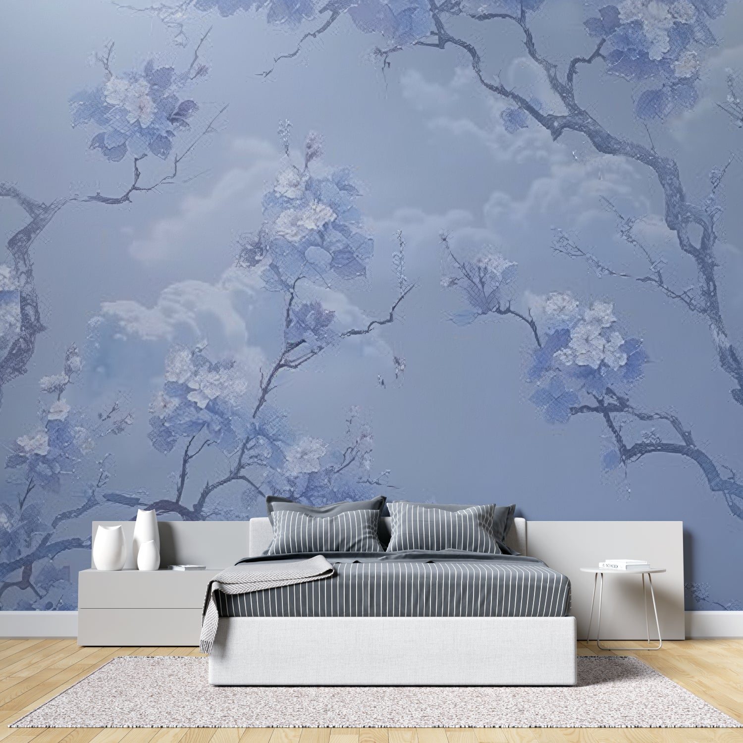 Japanese cherry blossom mural creating depth in an entrance hallway