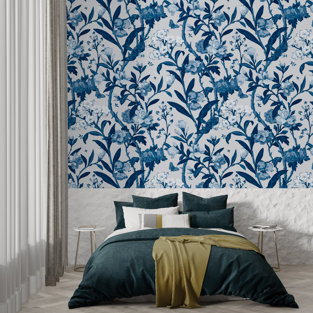 Blue floral wallpaper creating a serene atmosphere in a modern living room, natural light highlighting the indigo botanical pattern