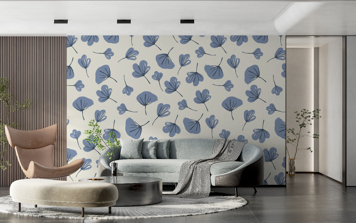 Botanical wallpaper featuring blue leaves in a home office space