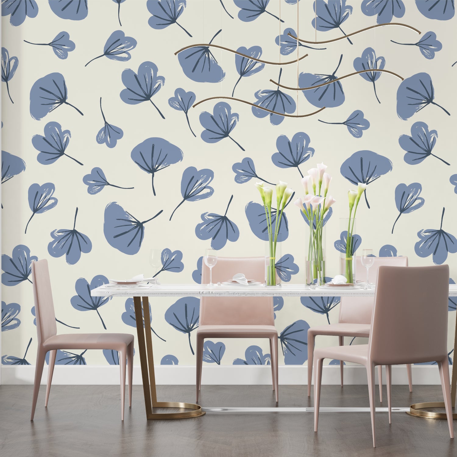 Modern floral wallpaper shown in a dining room with natural light