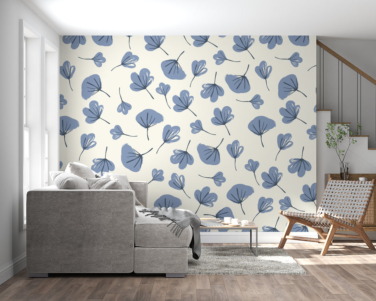 Blue and beige leaf pattern mural in an entrance hallway