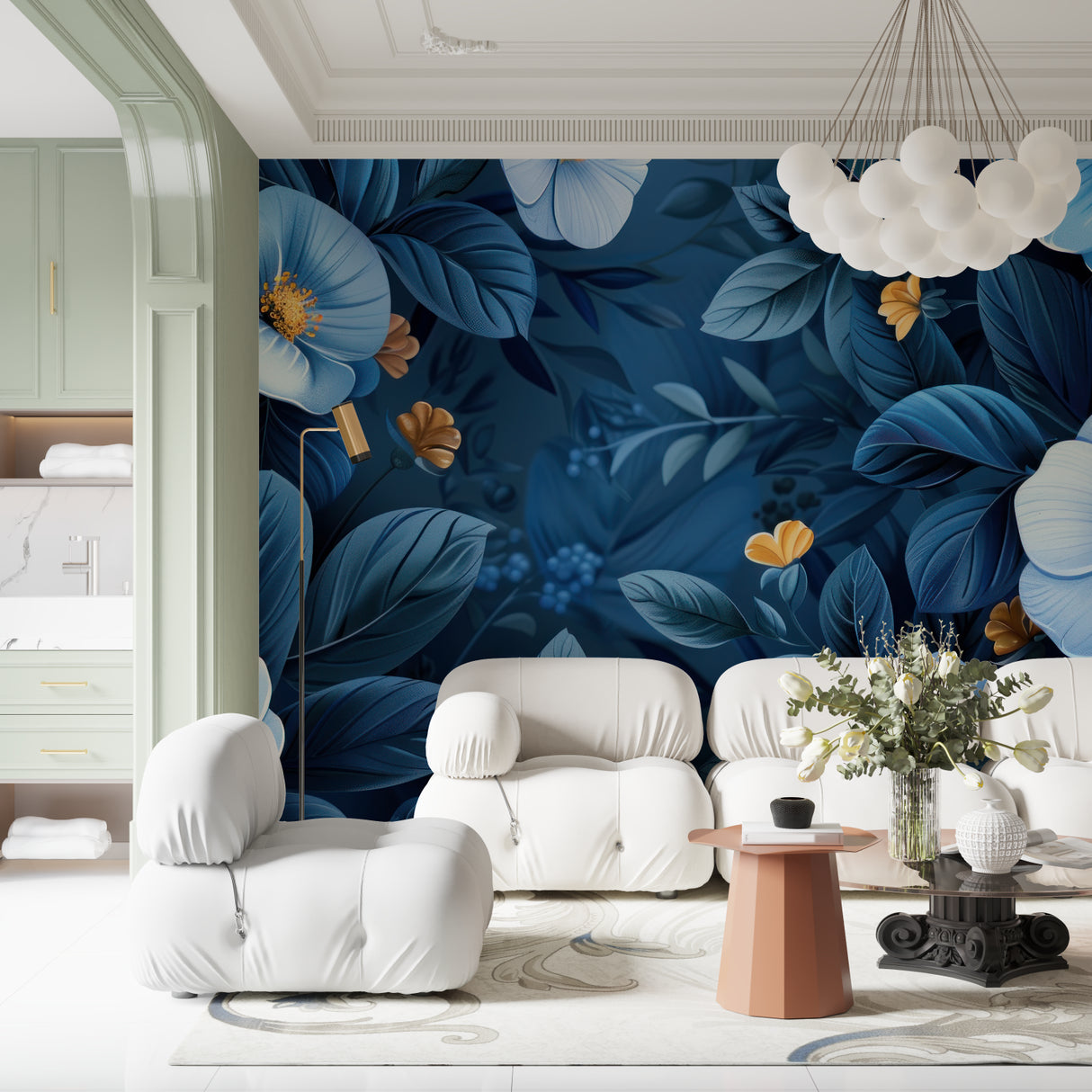 Blue and gold floral wallpaper in modern living room creating an elegant atmosphere