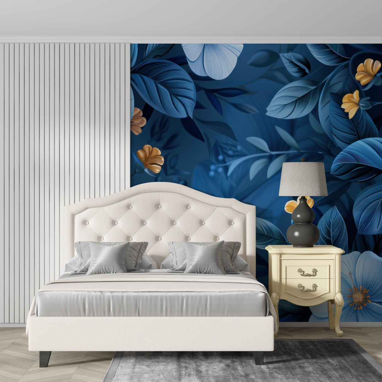 Botanical wall mural with midnight blue leaves in master bedroom setting