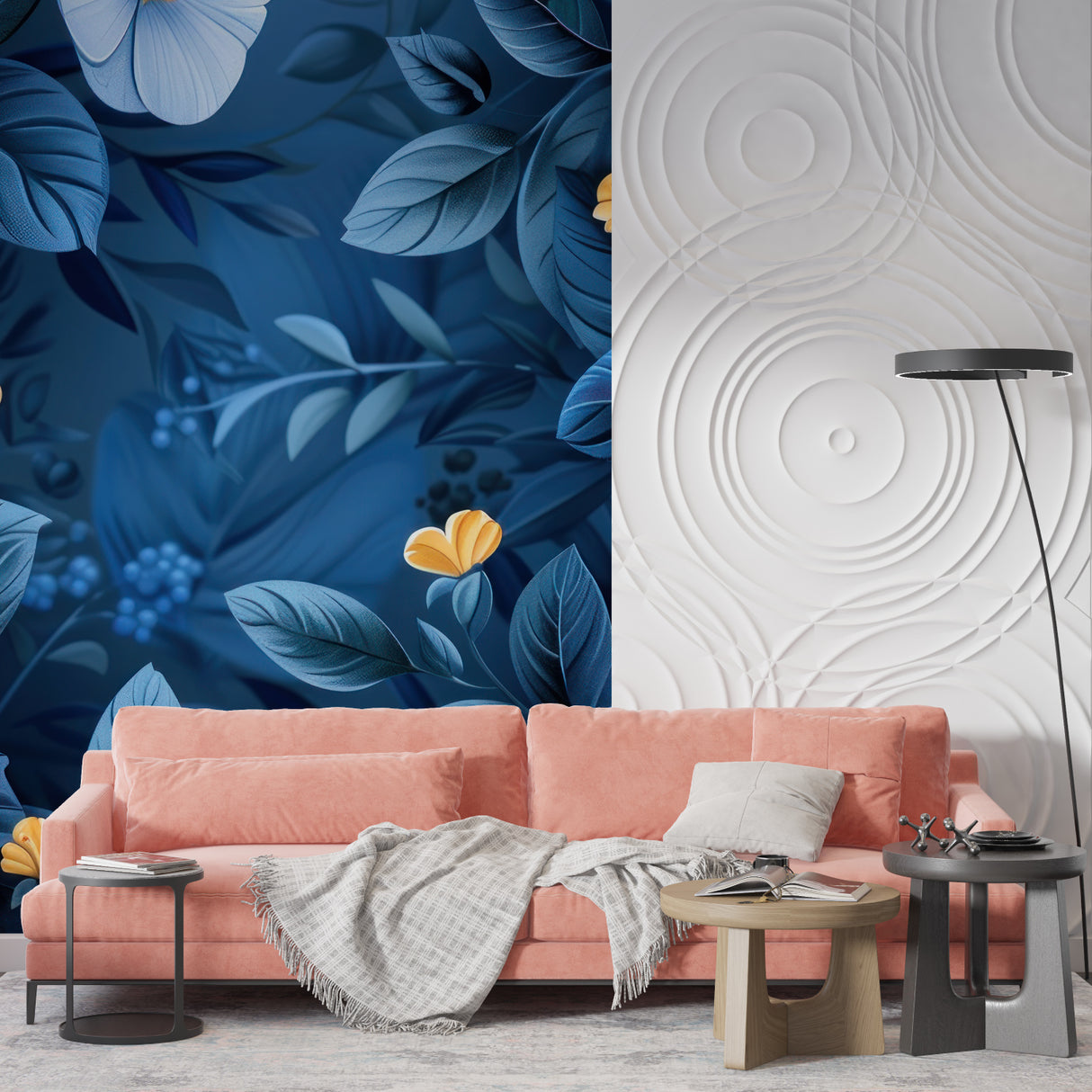 Blue floral mural wallpaper showcased in home office space