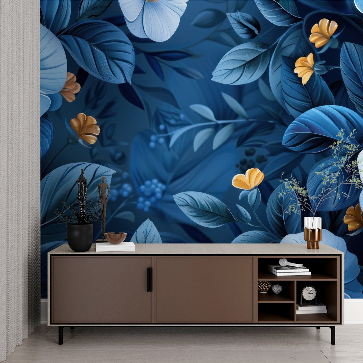Botanical wall design in boutique entrance hallway