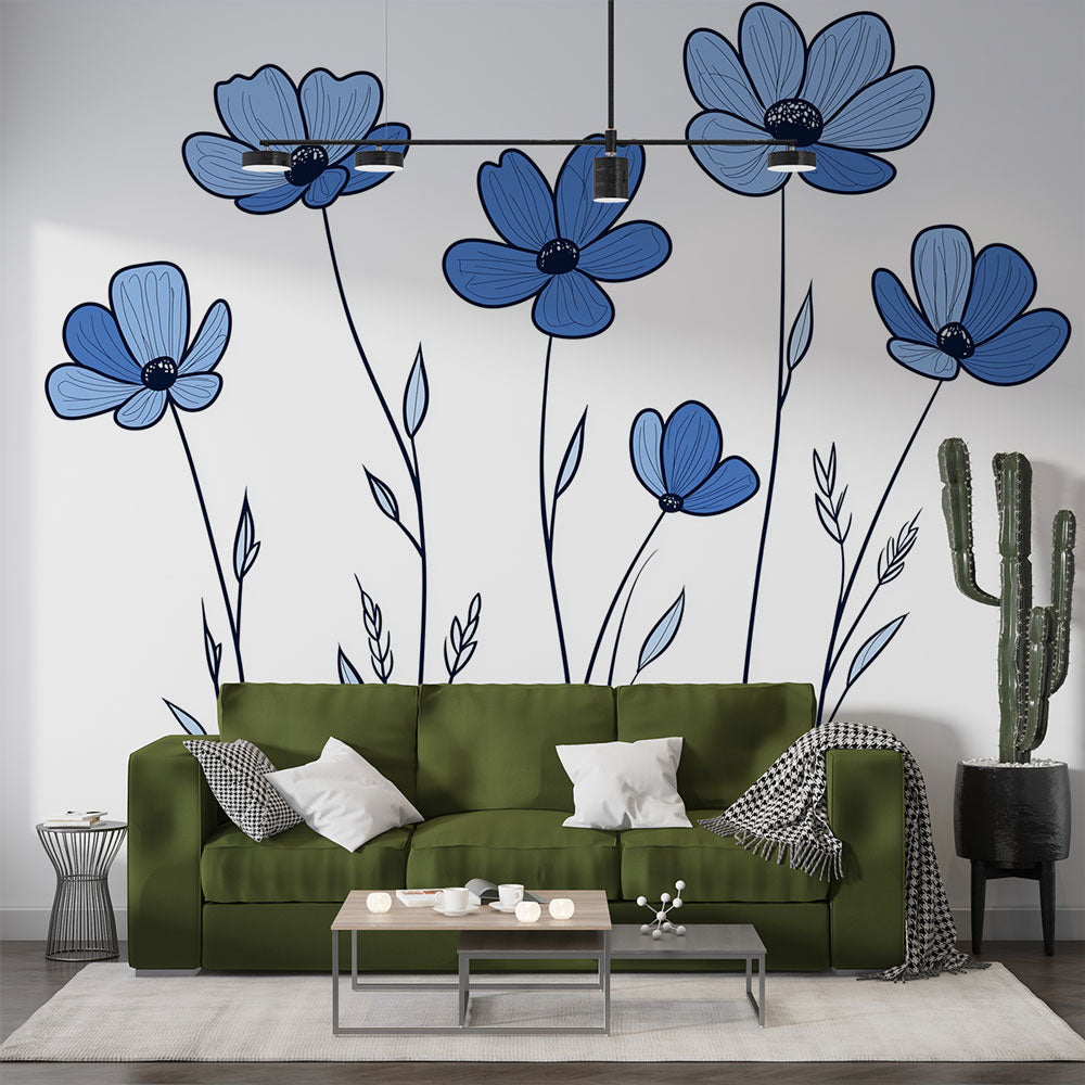 Minimalist blue floral wallpaper creating a serene atmosphere in a modern living room with natural light