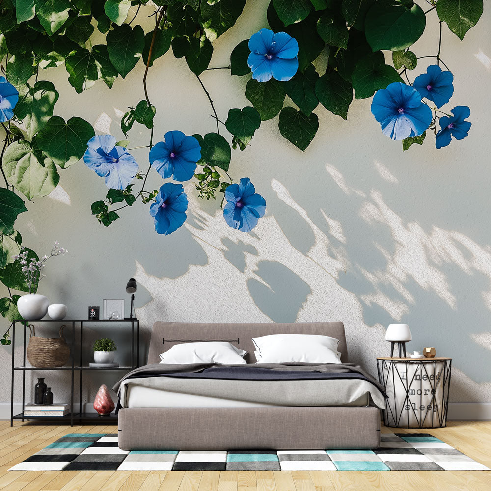 Blue Morning Glory floral wallpaper creating a fresh garden feel in a bright modern bedroom with natural light