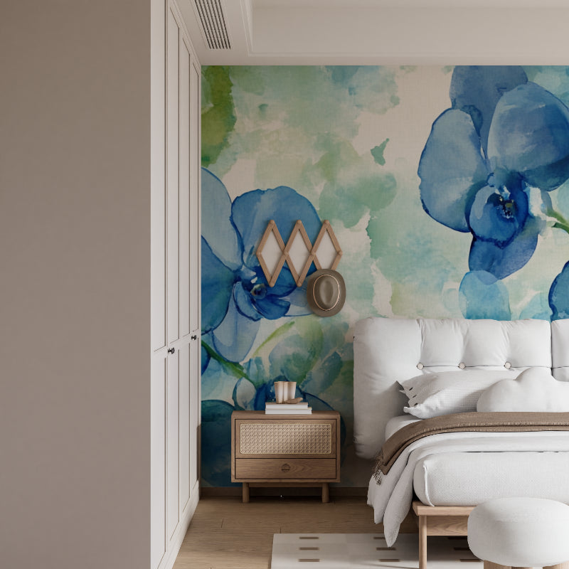 Blue Orchid Watercolor Wallpaper in modern white bedroom creating serene atmosphere