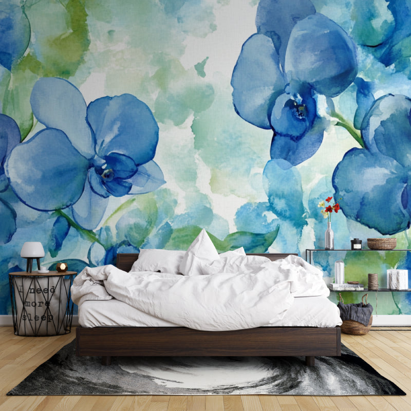 Watercolor Orchid Wall Mural brightening a home office space with soft blue tones