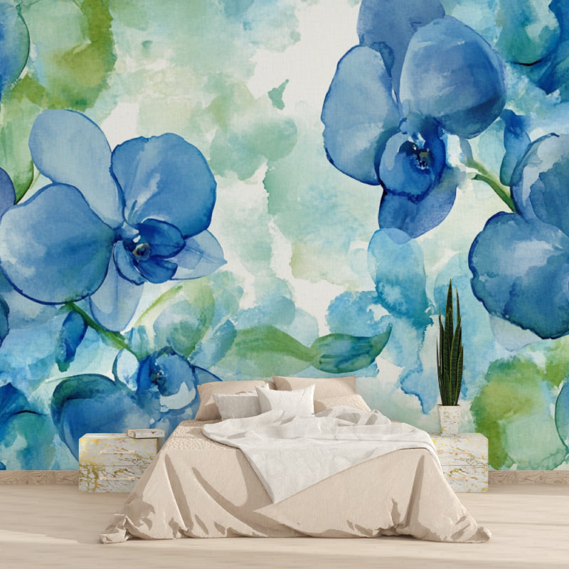 Watercolor Blue Orchid Mural adding elegance to dining room wall