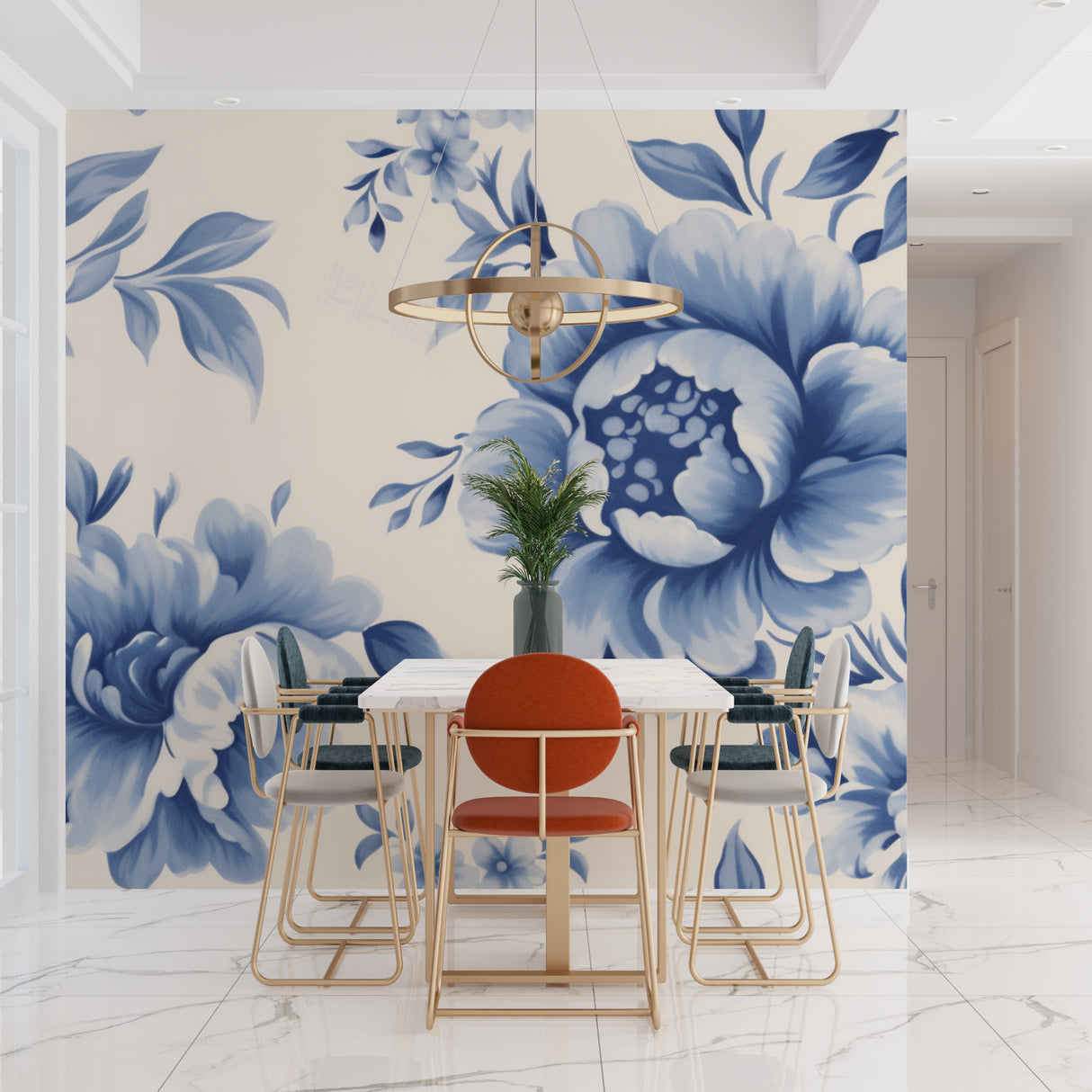Blue peony wallpaper mural in bright modern living room with grey sofa and natural light