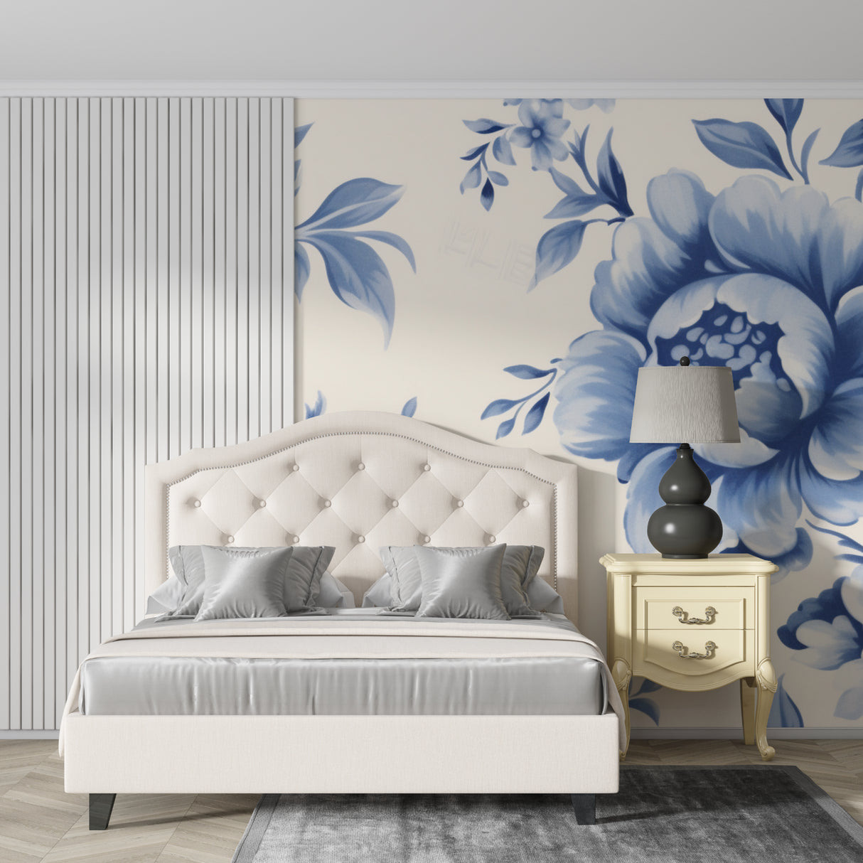 Large blue flower wall mural creating focal point in master bedroom with white bedding