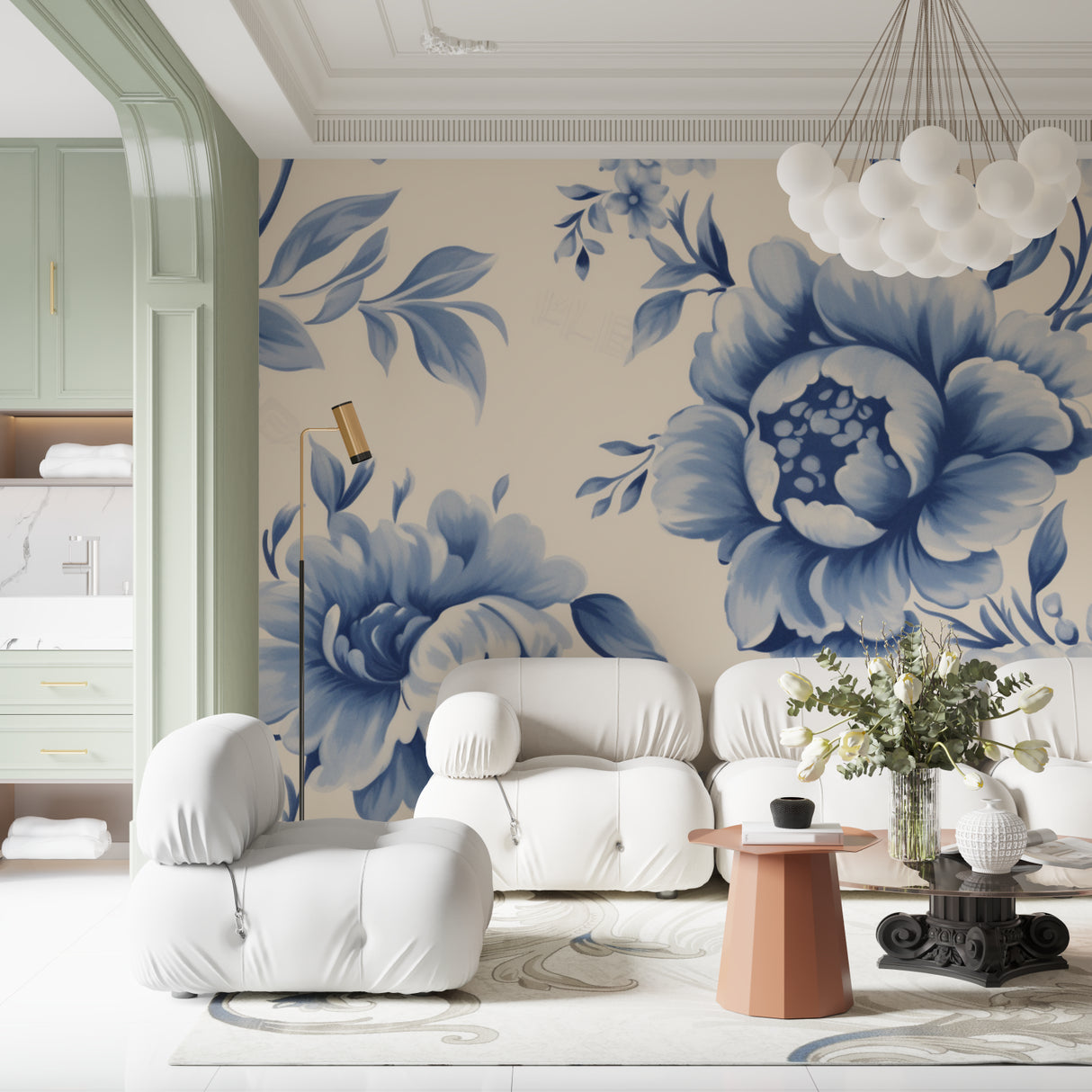 Elegant floral wallpaper featuring blue peonies in contemporary dining room setting