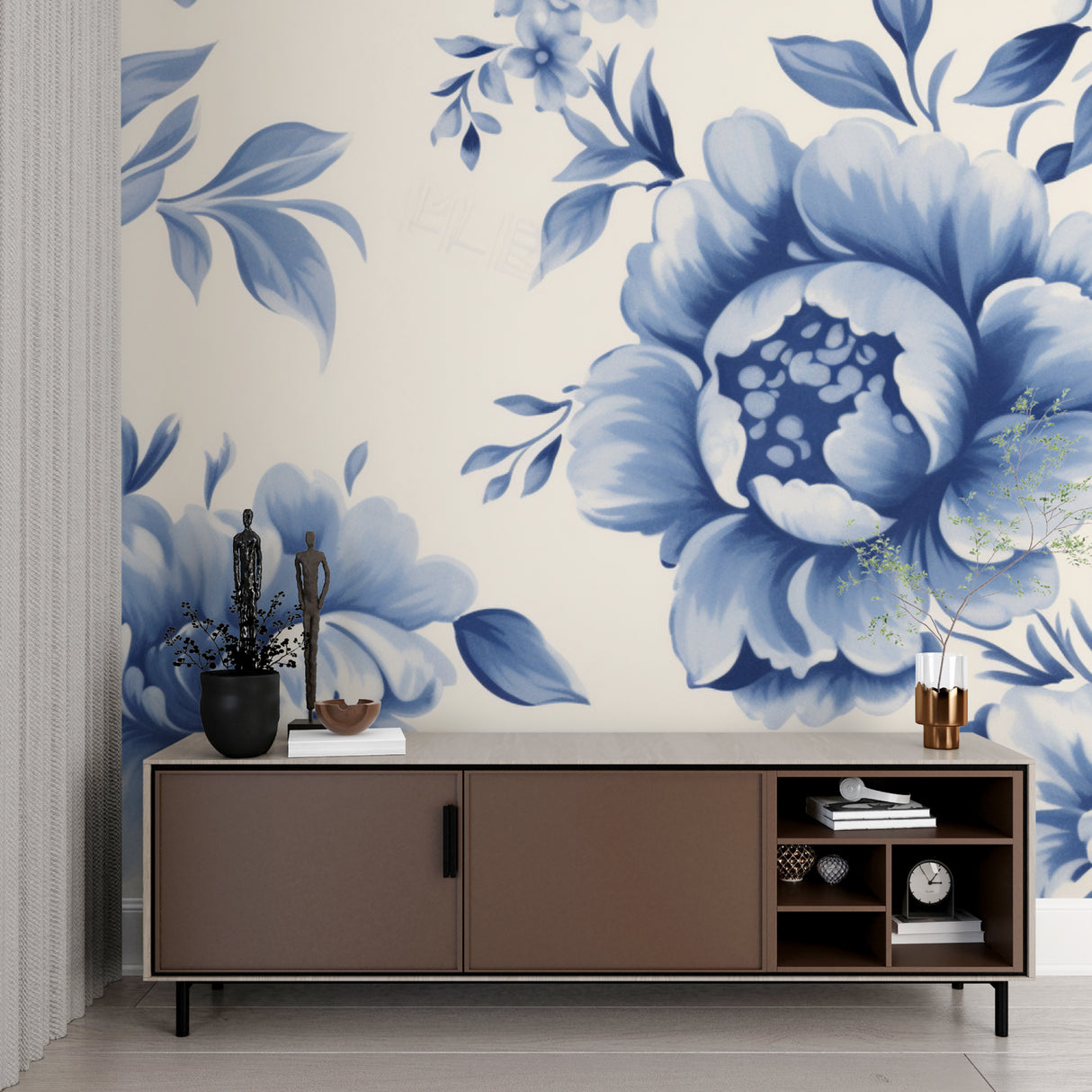 Blue peony wall mural transforming home office with minimal furniture