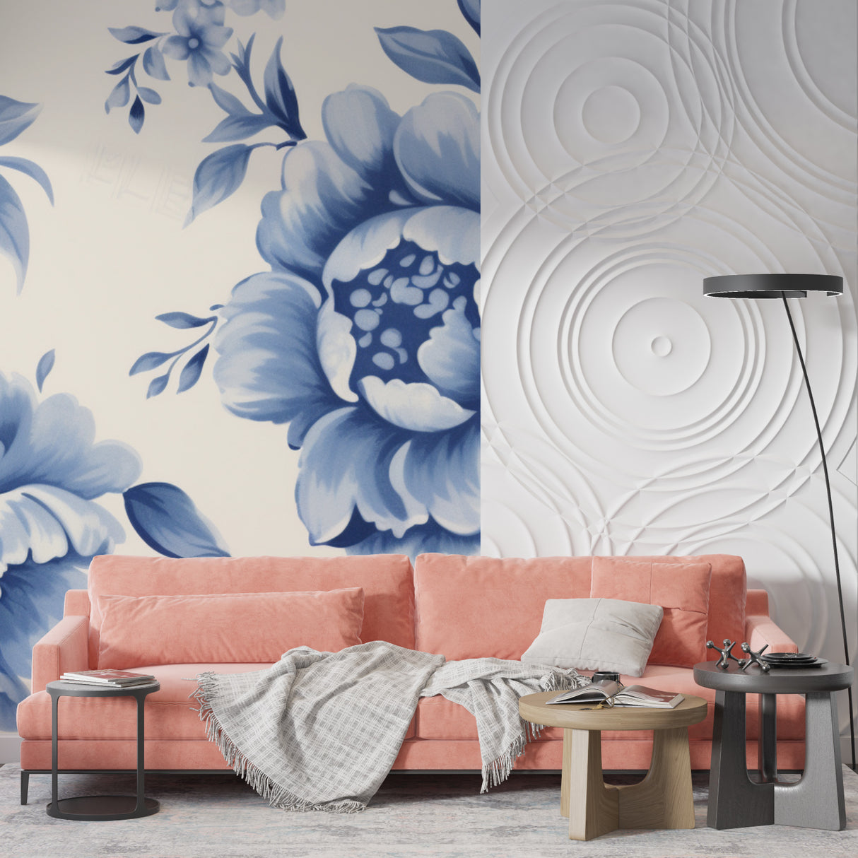 Floral mural installed in boutique entrance showing scale of blue peonies