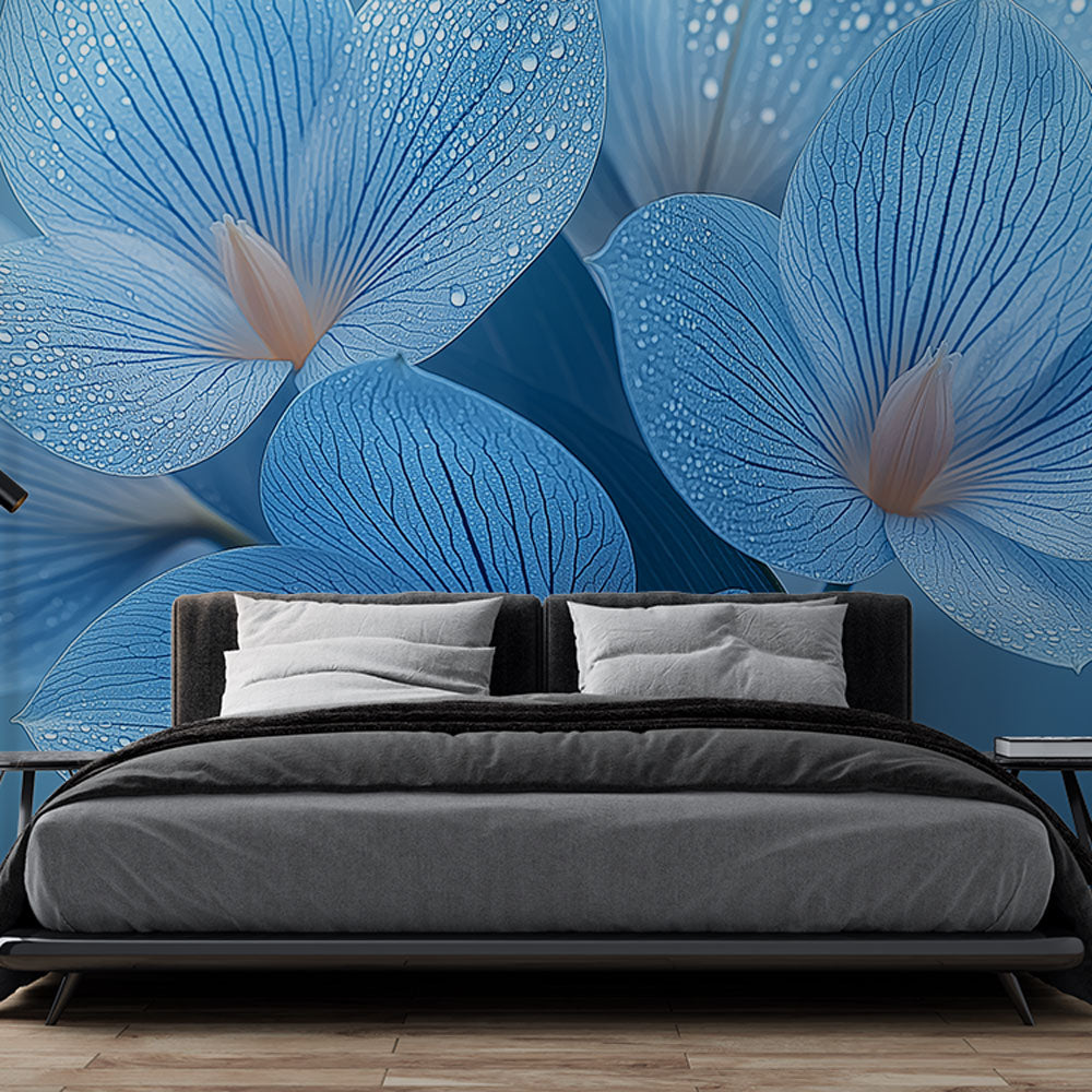 Blue floral wallpaper with morning dew creating a peaceful atmosphere in a modern living room with natural light