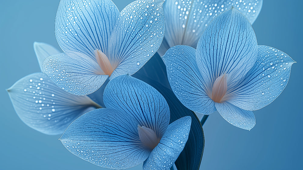 Blue floral wall mural design file showing detailed macro photography of petals with dew drops