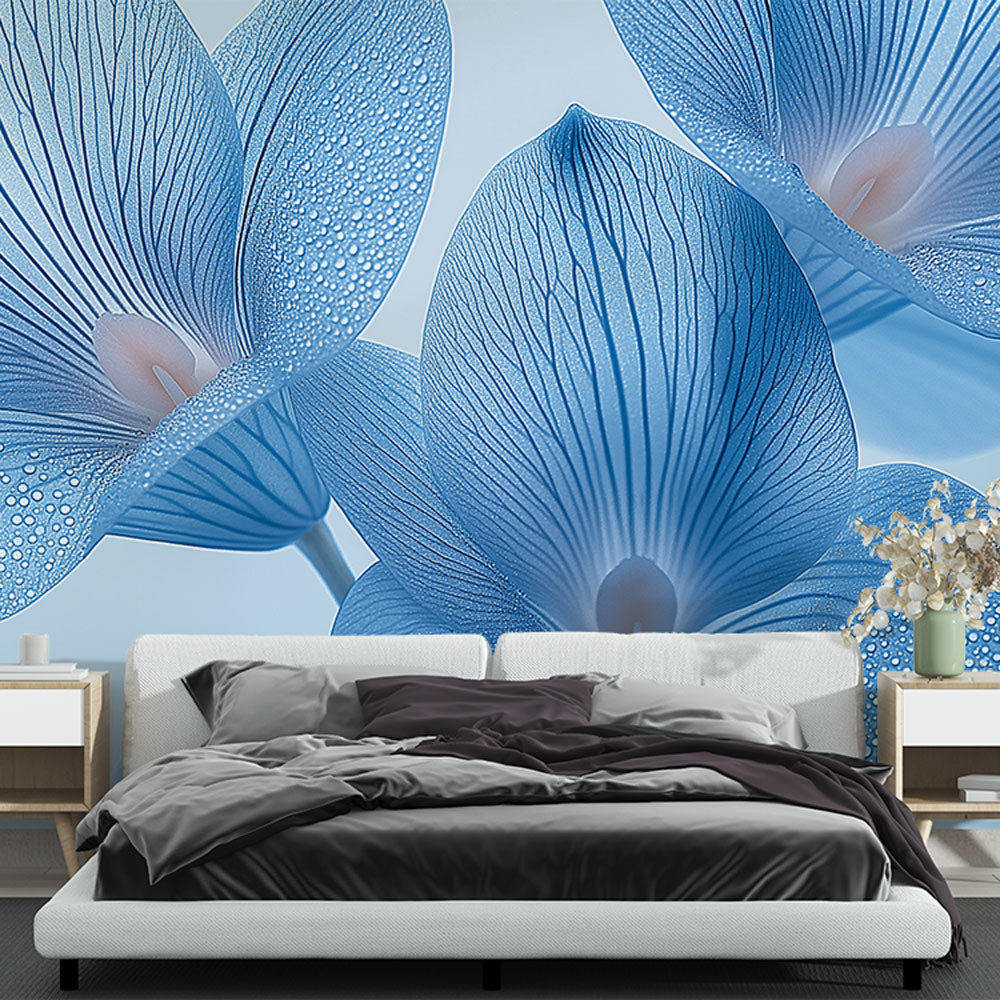 Blue Floral Wallpaper with morning dew drops creating a peaceful atmosphere in a bright modern bedroom